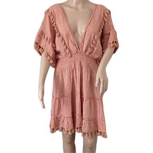 Z&L Europe Blush Pink Plunge Neck Tassel Mini Dress Cover Up Size L - Picture 4 of 12